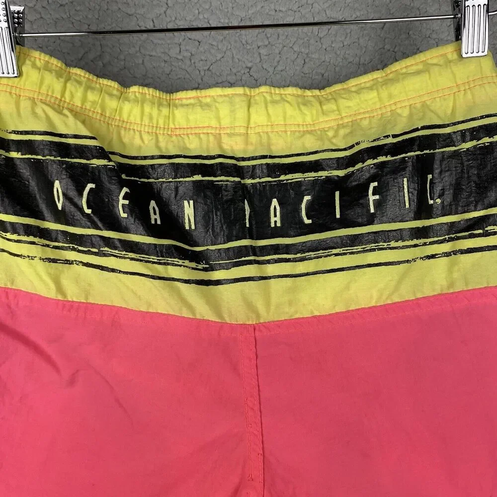 Ocean Pacific Men's Bathing Suit Swim Trunks One‎ Planet Pink Neon L 90s  Nylon